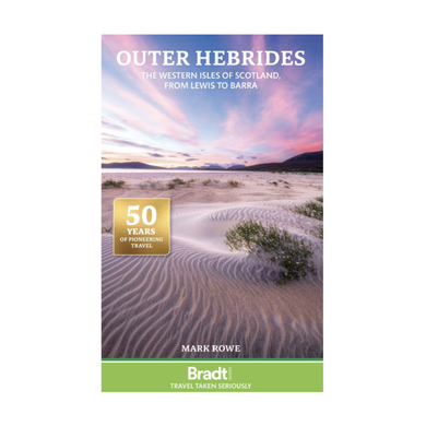 Book cover of 'Outer Hebrides' by Mark Rowe with a scenic image of sand dunes and mountains.