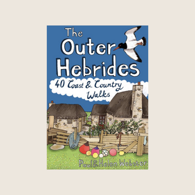 Cover of the book 'The Outer Hebrides - 40 Coast and Country Walks' by Paul and Helen Webster featuring an illustration of a village scene with a bird in flight.