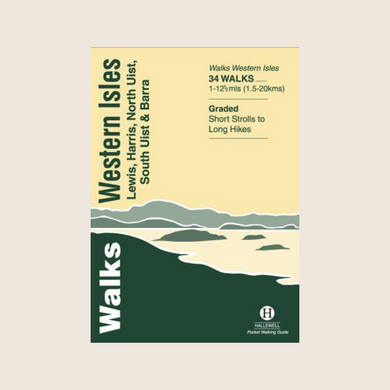 Cover of the 'Walks - Western Isles' guidebook featuring an illustration of the landscape with hills and water, and text detailing the content and length of the walks.