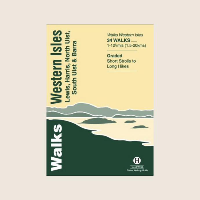 Cover of the 'Walks - Western Isles' guidebook featuring an illustration of the landscape with hills and water, and text detailing the content and length of the walks.
